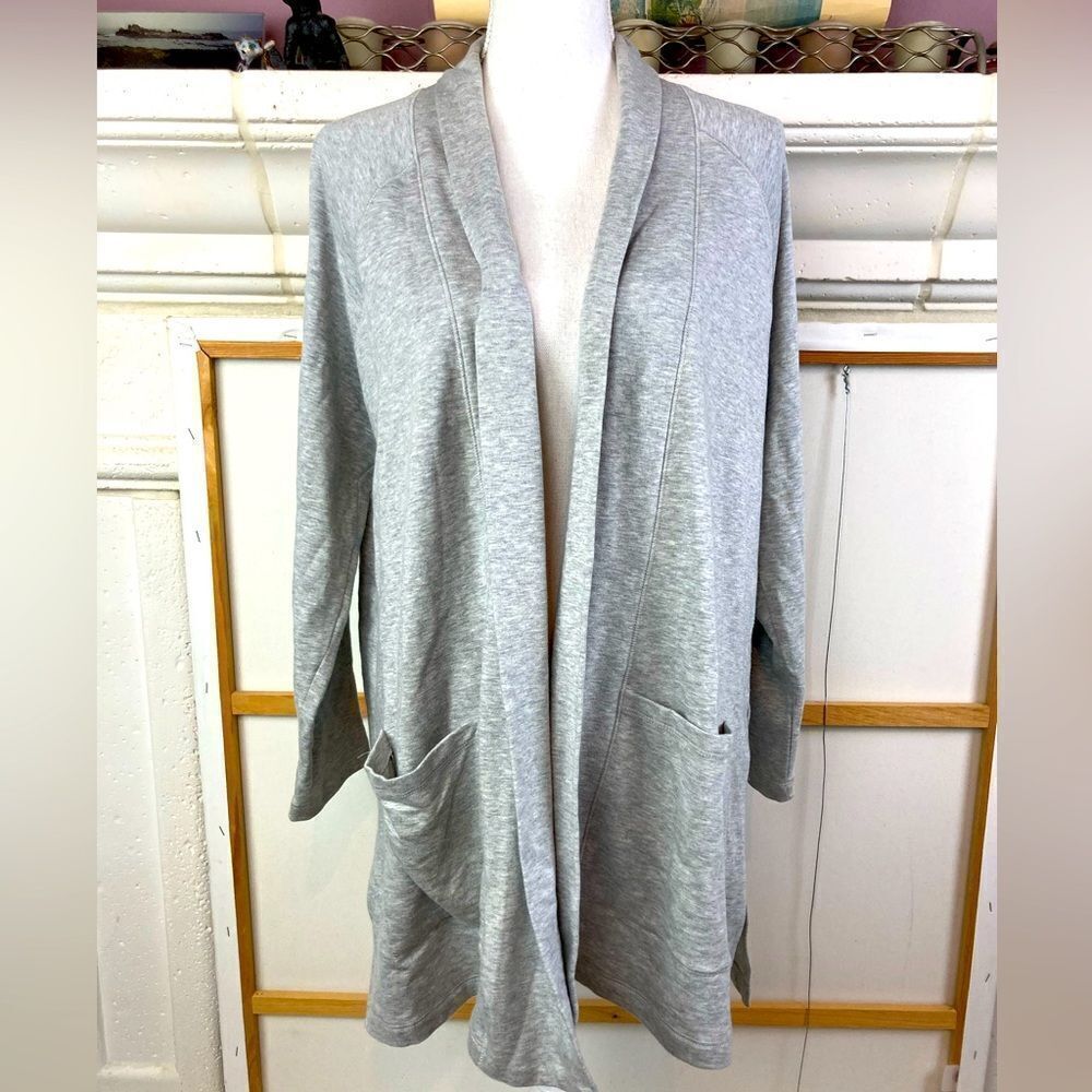 Eileen Fisher open cardigan shawl collar, pockets sweatshirt material oversized